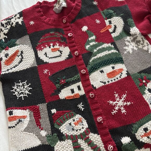 Vintage Tiara International Christmas Sweater Snowmen Faces Cardigan 90's Size M - Picture 5 of 15
